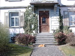Katze vor einem Haus in der Schweiz